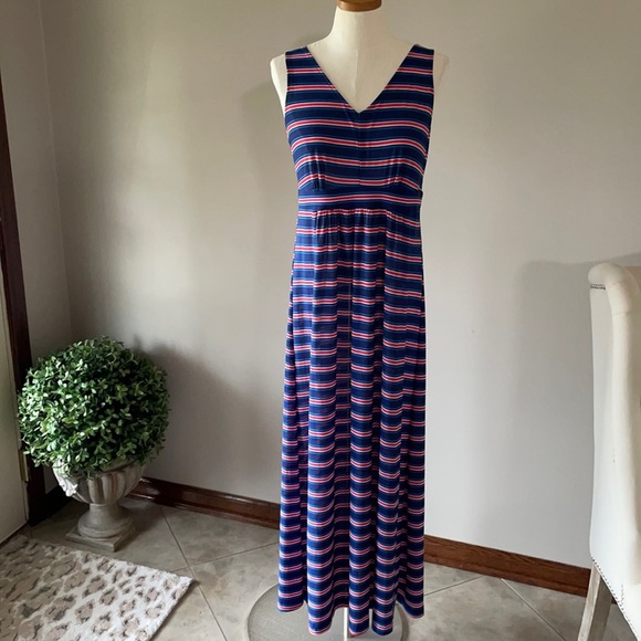 SUNDRESS, LONG V FRONT AND BACK SLEEVELESS. STRETCHY, lightweight Size L stripes - Picture 1 of 9